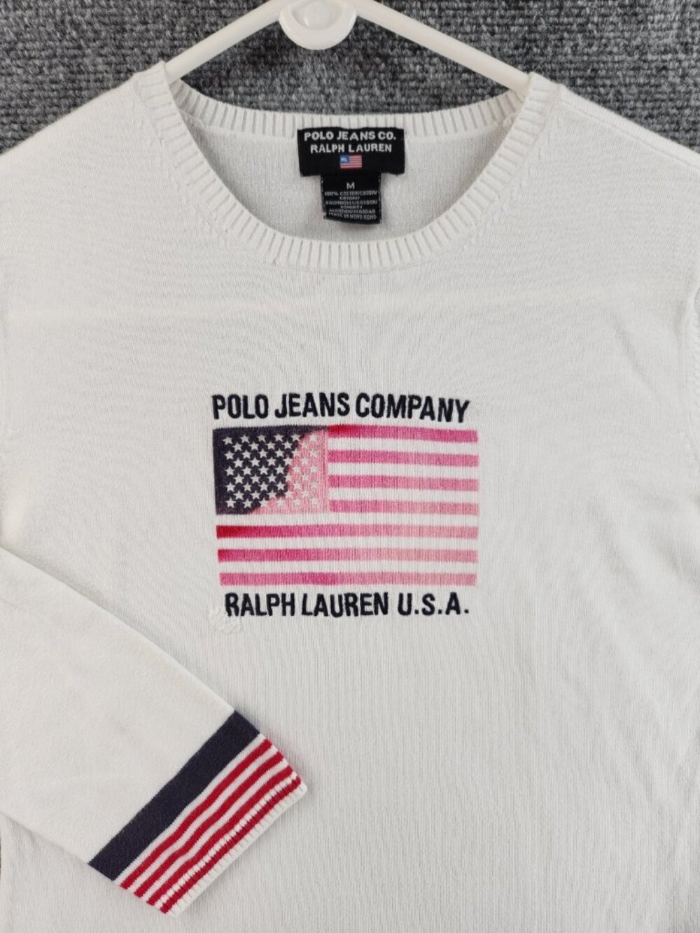 Polo Jeans Co American Flag Sweater Women Medium White Long Sleeve USA Theme